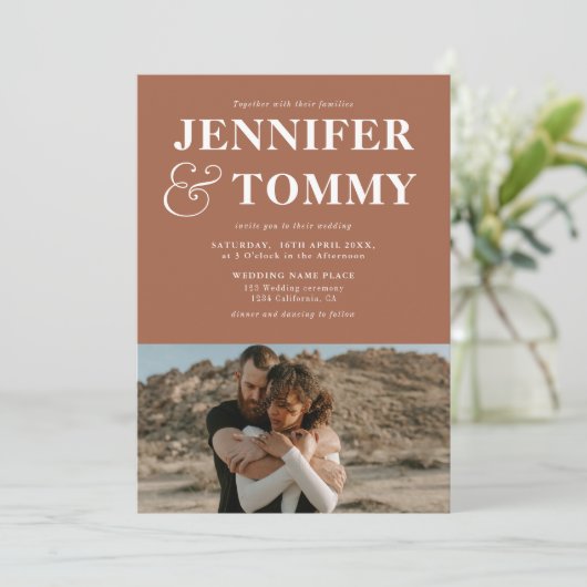 Boho bold names retro 2 foto's bruiloft terracotta kaart (Staand voorkant)