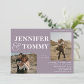 Boho bold names retro 3 foto's bruiloft paars kaart (Staand voorkant)