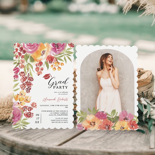 Boho Bold Waterverf Bloemen Foto Afstudeerfeest Kaart
