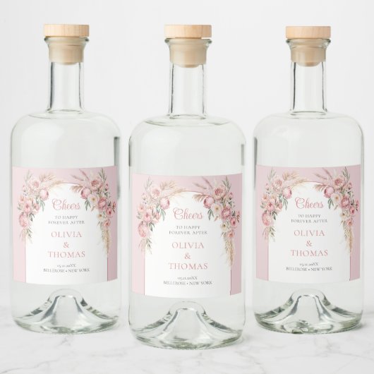 Boho boog blush pioenen pampas gras eucalyptus likeurfles etiket (Flessen)