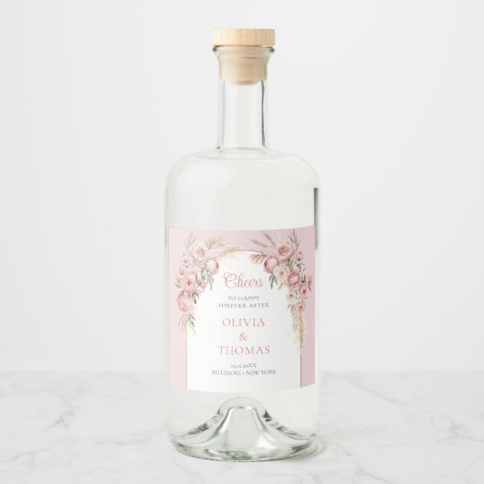 Boho boog blush pioenen pampas gras eucalyptus likeurfles etiket (Voorkant)