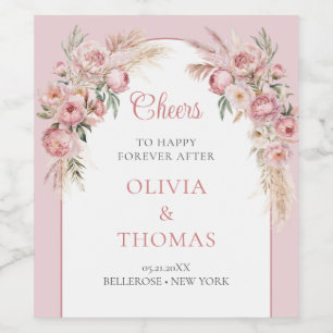 Boho boog blush pioenen pampas gras eucalyptus wijn etiket