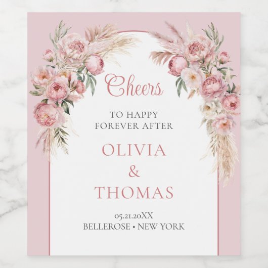 Boho boog blush pioenen pampas gras eucalyptus wijn etiket (Enkel label)