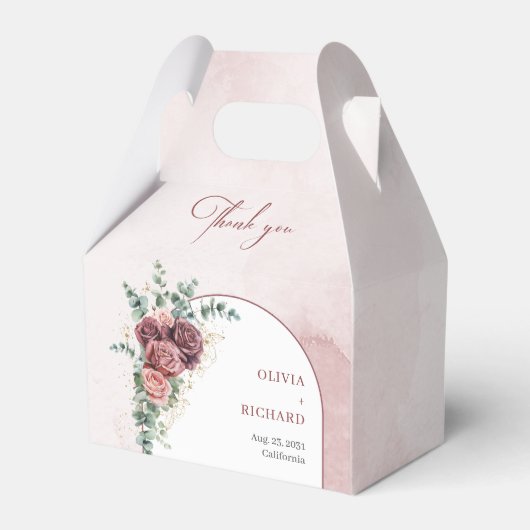 Boho boog donker maroon blush rozen eucalyptus gou bedankdoosjes (Achterkant)