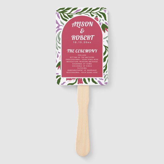 Boho boog en folklore bloemen bruiloft programma handwaaier (Voorkant)