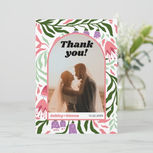 Boho boog en retro bloemen bruiloft foto bedankkaart (Staand voorkant)