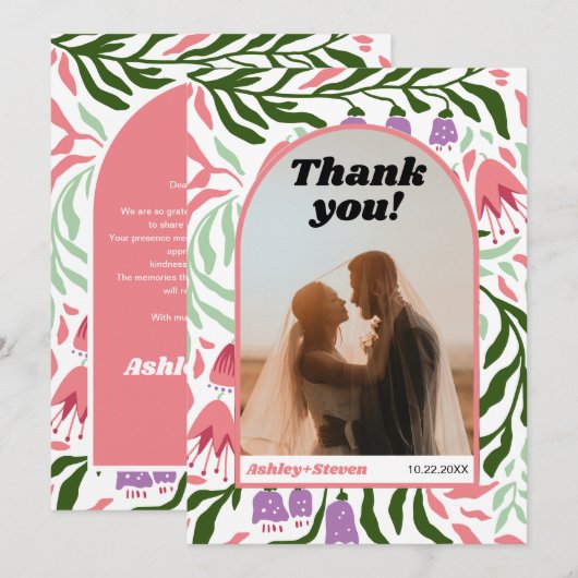 Boho boog en retro bloemen bruiloft foto bedankkaart (Voorkant / Achterkant)