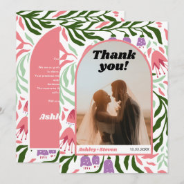 Boho boog en retro bloemen bruiloft foto bedankkaart