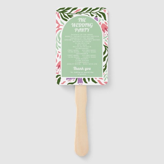 Boho boog en retro bloemen bruiloft programma handwaaier (Achterkant)