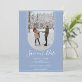 Boho Boog Foto Save the Date | Stofblauw (Staand voorkant)