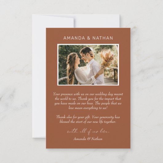 Boho Boog Foto Terracotta bruiloft Bedankkaart (Achterkant)
