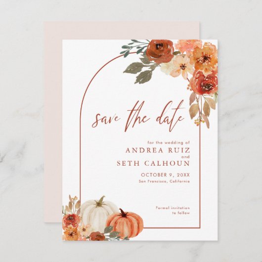 Boho Boog Herfst Pompoen Bloem Terracotta Save The Date (Voorkant / Achterkant)