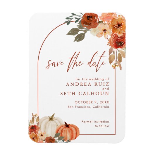 Boho Boog Herfst Pompoen Terracotta Save The Date Magneet (Verticaal)
