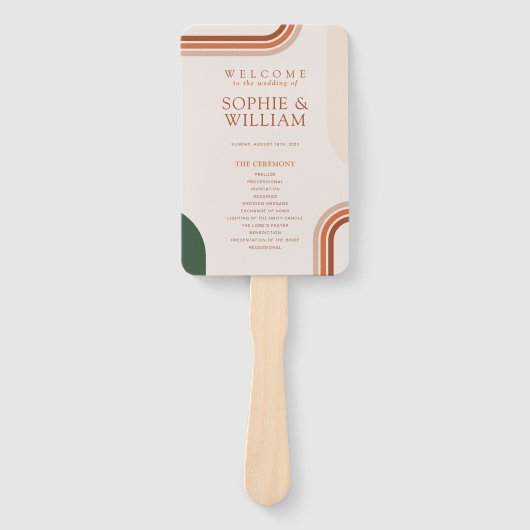 Boho-boog-huwelijksprogramma-waaier, ceremonieprog handwaaier (Voorkant)