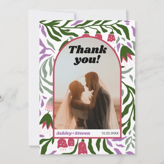 Boho boog, kleurrijke retro bloemen bruiloft foto bedankkaart (Voorkant)