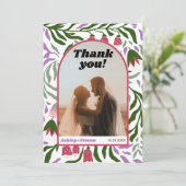 Boho boog, kleurrijke retro bloemen bruiloft foto bedankkaart (Staand voorkant)