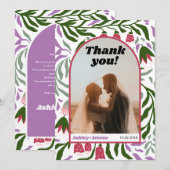 Boho boog, kleurrijke retro bloemen bruiloft foto bedankkaart (Voorkant / Achterkant)