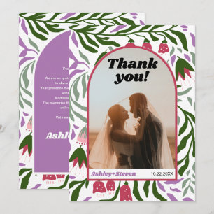 Boho boog, kleurrijke retro bloemen bruiloft foto bedankkaart