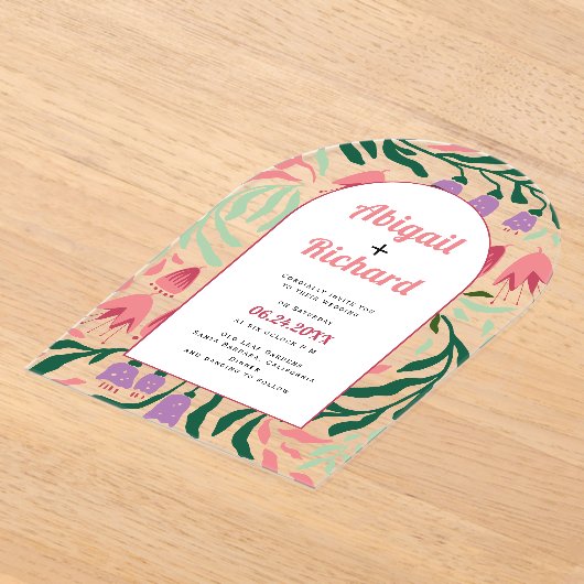 Boho boog met retro takken en bloemen bruiloft acryl uitnodigingen (Laagn)