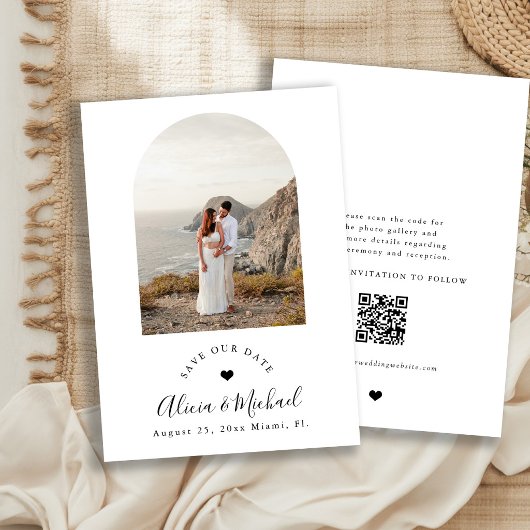 Boho boog moderne QR-code foto bruiloft Save The Date