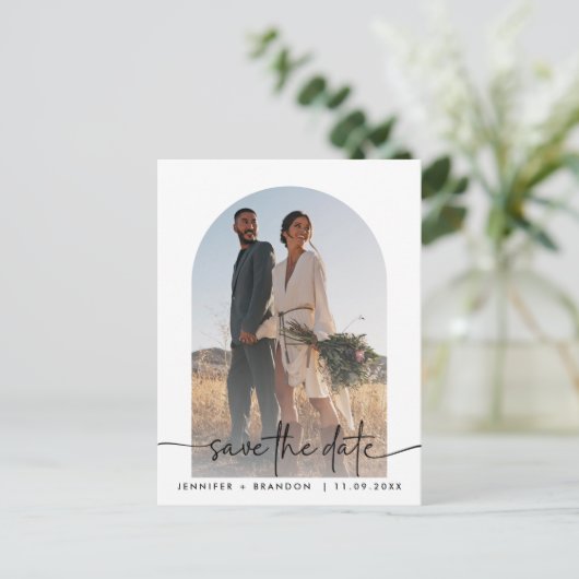 Boho boog overlay kalligrafie Bewaar de datum Foto Briefkaart (Staand voorkant)