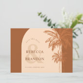 Boho boog palmboom strand foto terracotta bruiloft save the date (Staand voorkant)