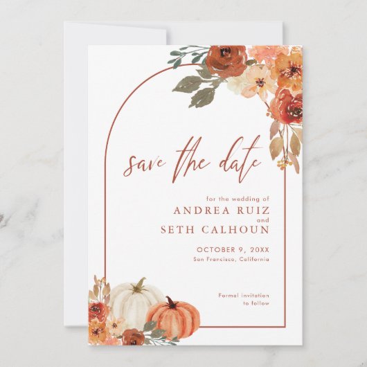 Boho Boog Pompoen Herfst Bloem Terracotta Save The Date (Voorkant)