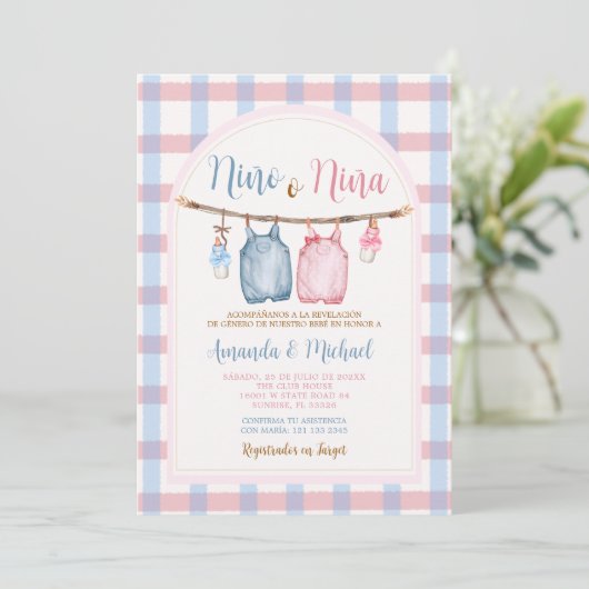 Boho Boog Pompoen Spaanse Geslacht Reveal Gingham Kaart (Staand voorkant)