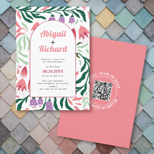 Boho boog retro takken, bloemen QR code bruiloft Kaart