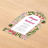 Boho boog retro takken en bloemen bruiloft acryl uitnodigingen (Laagn)