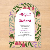 Boho boog retro takken en bloemen bruiloft acryl uitnodigingen (Voorkant)