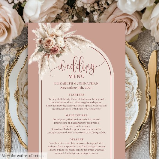 Boho Boog Roze Pampas Bloem Bruiloftsmenu Menu