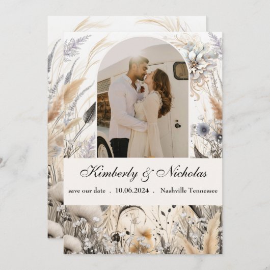 Boho Boog Rustiek Aards Pampas Bloemmotief Botanis Save The Date (Voorkant / Achterkant)