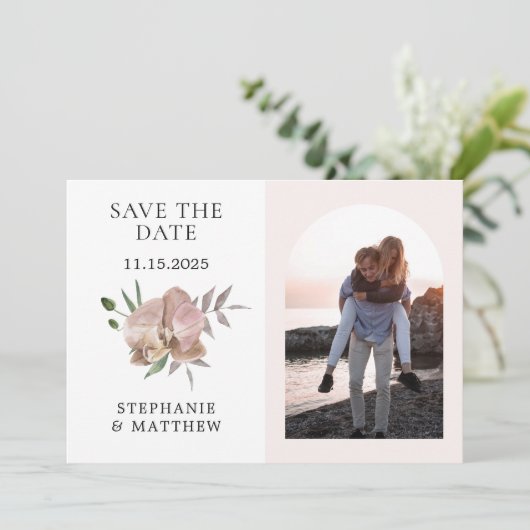 Boho Boog Stof Orchideeën Foto Bruiloft Save The Date (Staand voorkant)