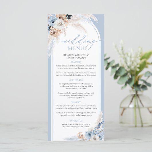 Boho boog stoffige blauwe bloemenpampa's droge blo menu (Staand voorkant)