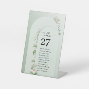 Boho boog stoffige groene bladblush lente bloesem reclamebord met voetstuk