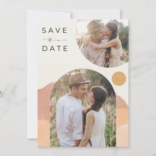 Boho boog twee foto woestijn bruiloft save the date (Voorkant)