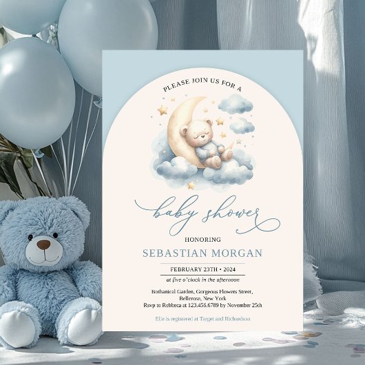 Boho boog waterverf teddybeer over de maanjongen kaart