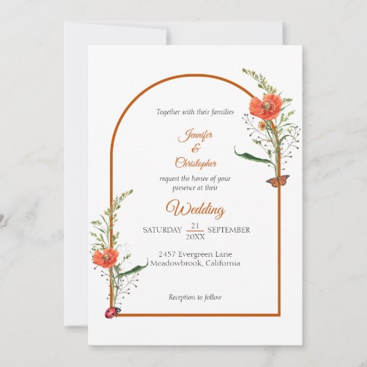 Boho Boog Wilde Bloem Oranje Trouwfeest Kaart (Voorkant)