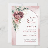 Boho boogblush bordeaux bloemeneucalyptus goud save the date (Voorkant)