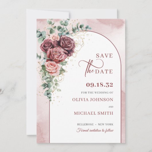 Boho boogblush bordeaux bloemeneucalyptus goud save the date (Voorkant)