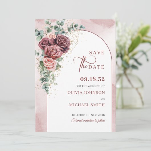 Boho boogblush bordeaux bloemeneucalyptus goud save the date (Staand voorkant)
