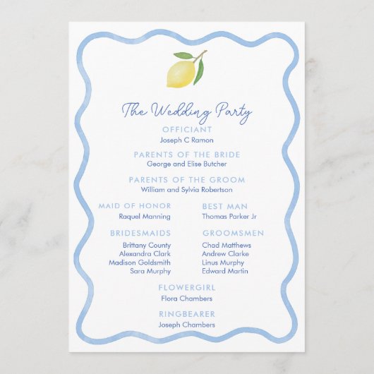 Boho Bord Blue Wavy Border Lemons Wedding Programmakaart (Achterkant)