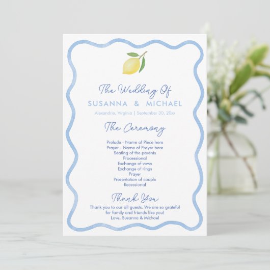 Boho Bord Blue Wavy Border Lemons Wedding Programmakaart (Staand voorkant)