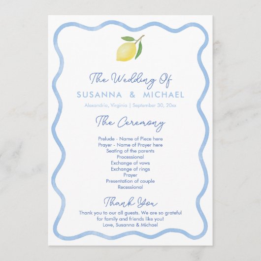 Boho Bord Blue Wavy Border Lemons Wedding Programmakaart (Voorkant)