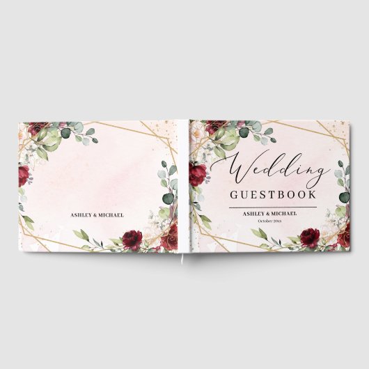 Boho bordeaux bloemengoud geometrische bruiloft gastenboek (Volledig)
