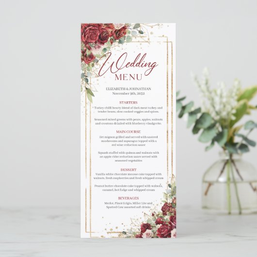 Boho bordeaux bloemengoud geometrische bruiloft me menu (Staand voorkant)