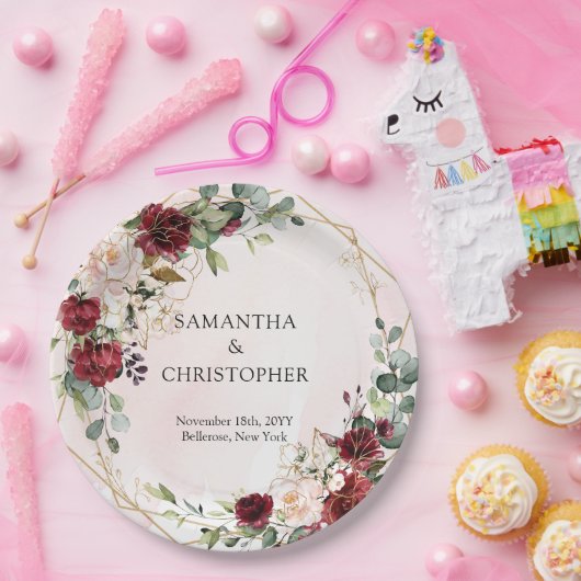 Boho bordeaux bloemengoud geometrische bruiloft papieren bordje (Feest)