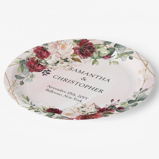 Boho bordeaux bloemengoud geometrische bruiloft papieren bordje (Gekanteld)