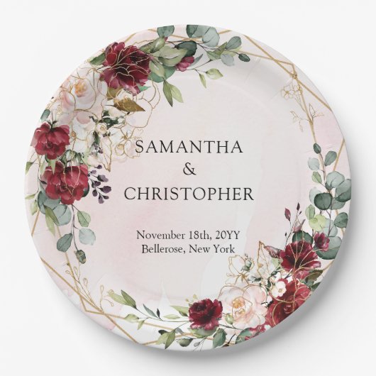 Boho bordeaux bloemengoud geometrische bruiloft papieren bordje (Voorkant)